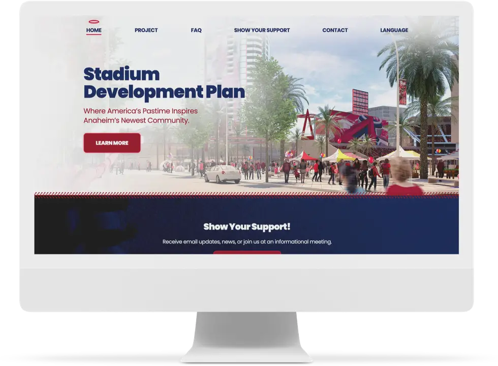 Desktop computer displaying the website of Stadium Development Plan map and legend