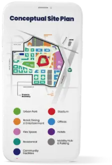Phone displaying the website of Stadium Development Plan map and legend