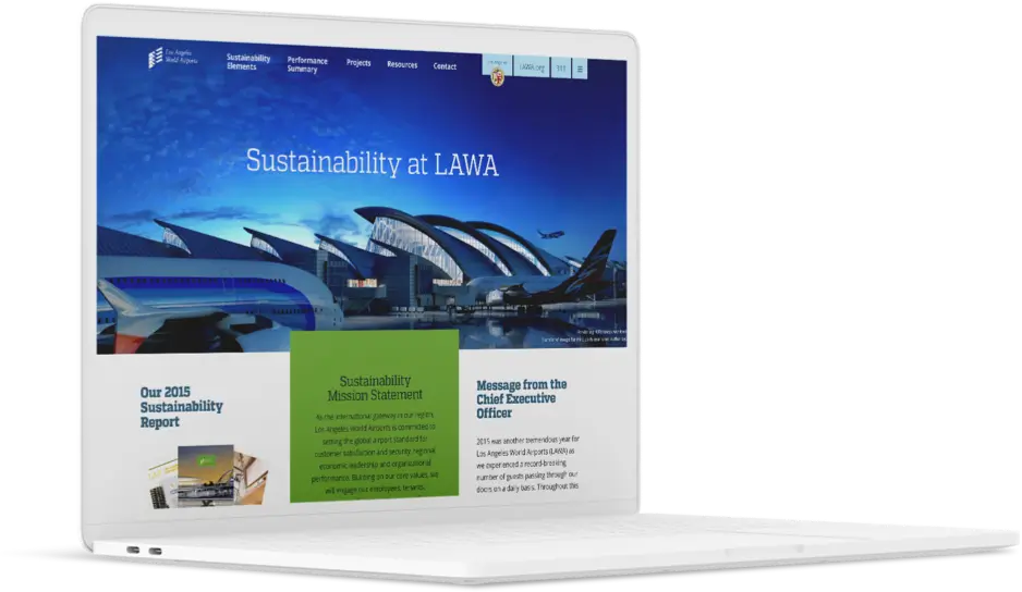 Laptop displaying a website for the 2015 Sustainability Report at the Los Angeles World Airports (LAWA)